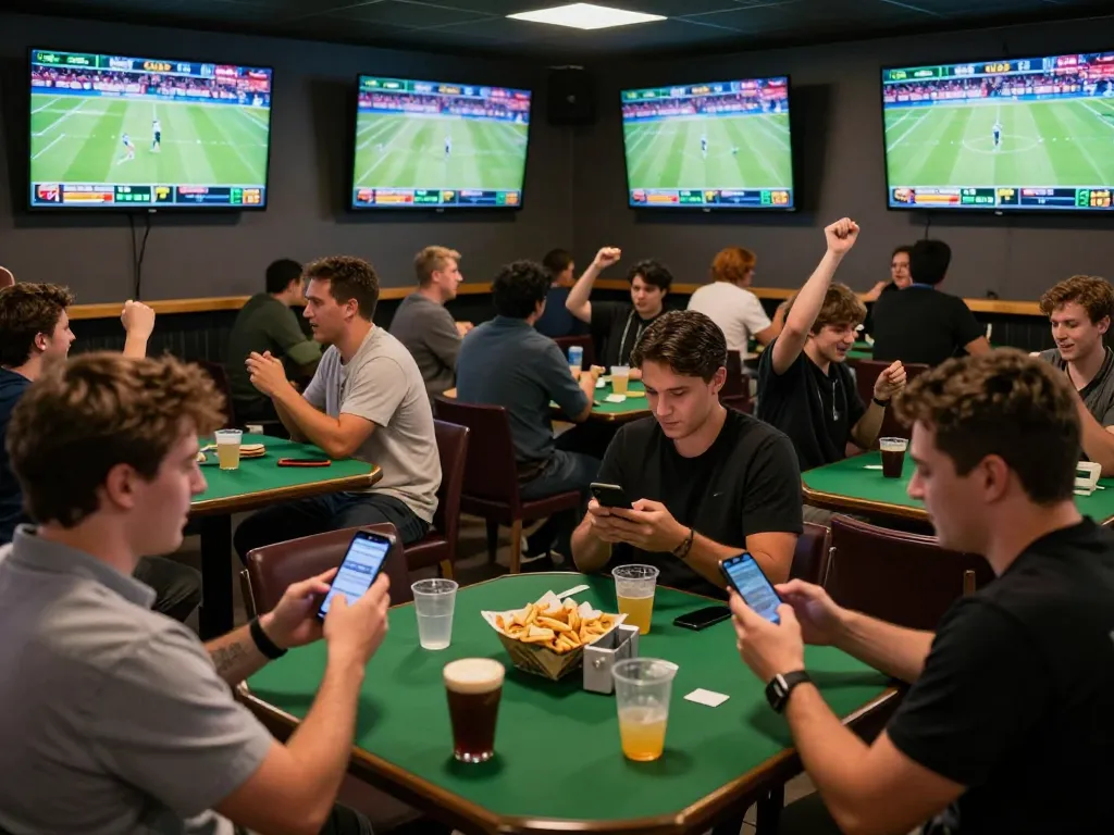 View of enthusiastic bettors engaging with 789bet sports betting app in a lively bar atmosphere.