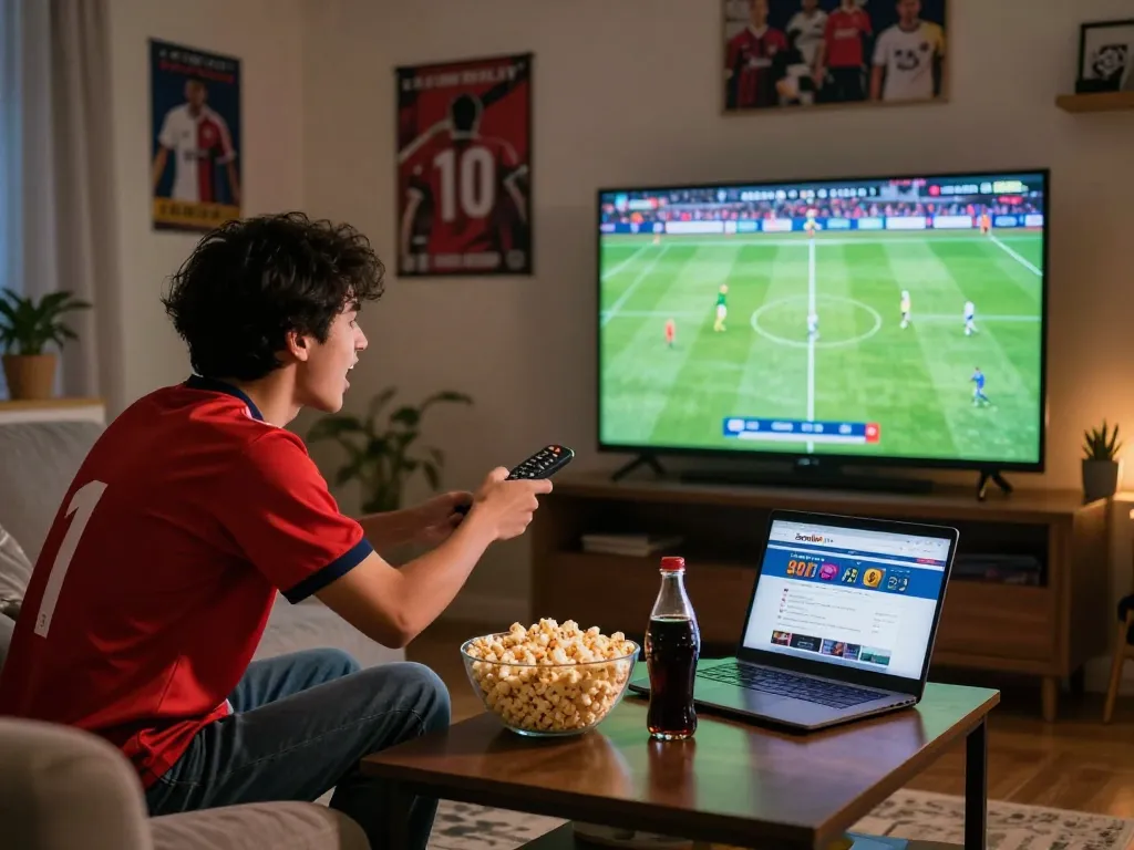 Fan enjoying a live soccer match on Socolive TV in a cozy living room, surrounded by snacks and friends, capturing the excitement of the game.