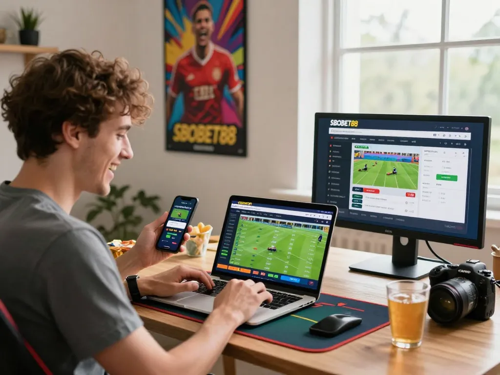 SBOBET88 online sportsbook experience with a user enjoying live betting and statistics.