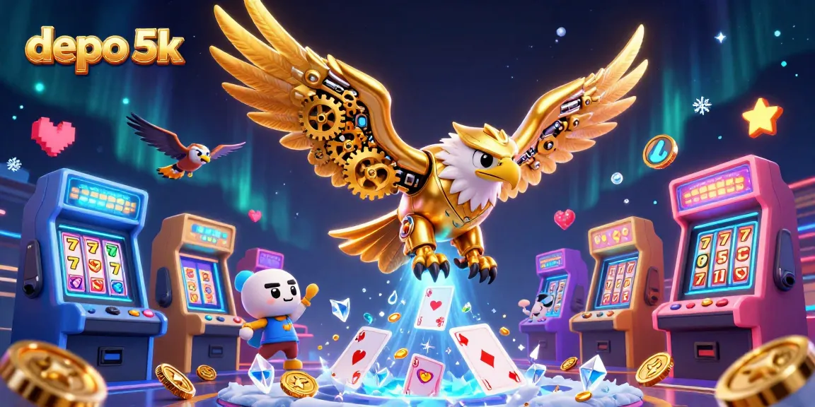 Engage in the excitement of depo 5k with a vibrant 3D cartoon casino-inspired scene of an eagle and game elements.
