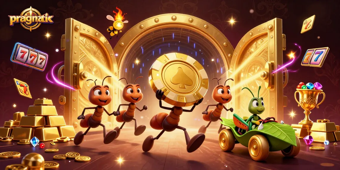 Engage in pragmatic slot strategies amidst a vibrant heist scene with animated ants and gold treasures.