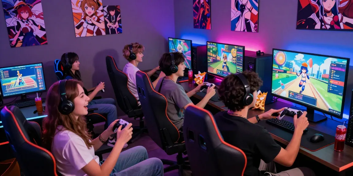 Friends enjoying hentai games in a vibrant gaming lounge filled with snacks and LED lights