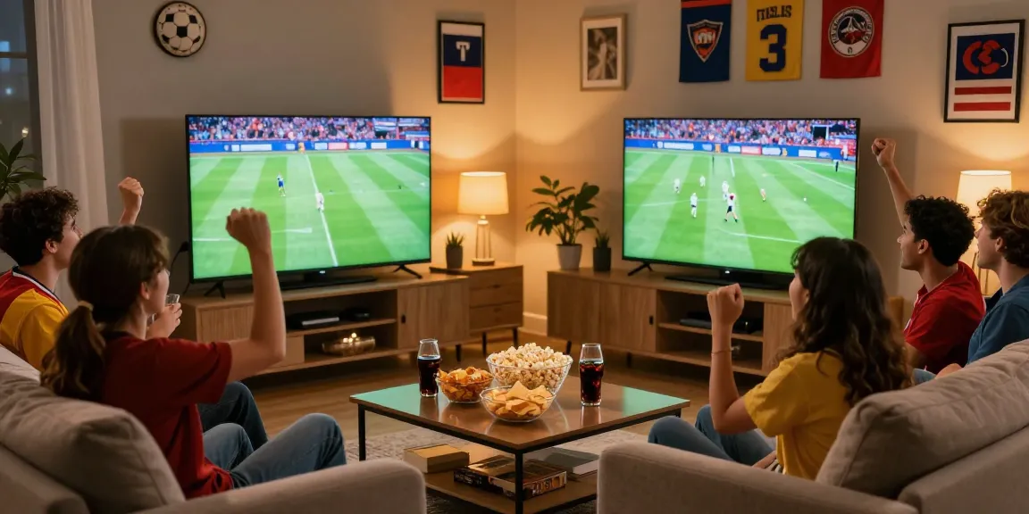 Football fans enjoying a live match at ihdsports.com with snacks and drinks.