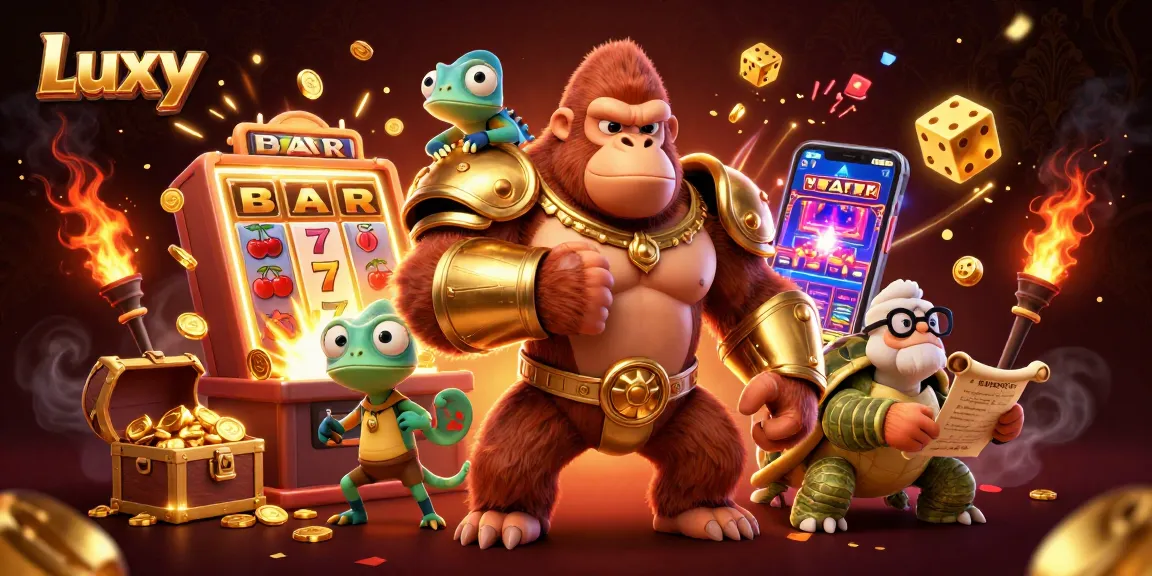Luxy reveals a powerful gorilla king in golden armor with a treasure-filled slot explosion.